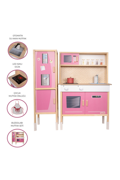 T1039 Ahşap Buzdolaplı Sulu Mutfak - Pembe