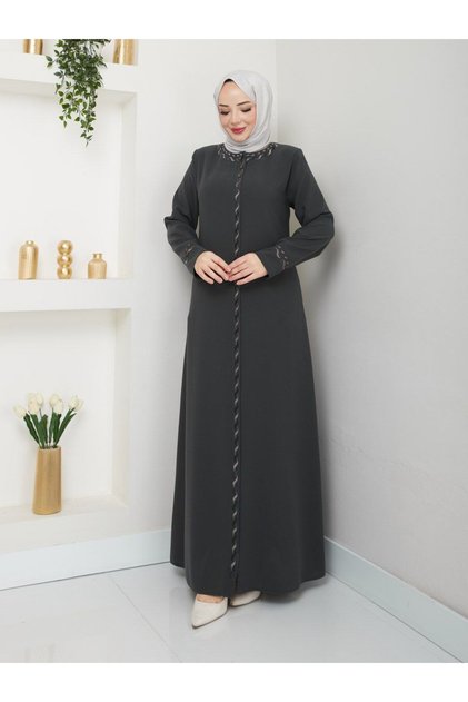 SARİAL GİYİM YENİ SEZON İŞLEME DETAYLI TAM BOY FERMUARLI PETEK KUMAŞ YAZLIK ABAYA FERACE