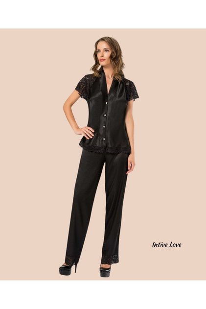 Moongirl Black Lace Detailed Satin Short Sleeve Blouse Pants Pajamas Set