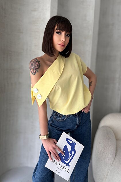 Button Detailed Cross Neck Asymmetric Cut Design Women Shirt Blouse
