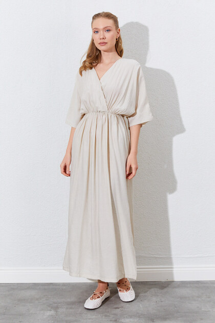 Low Sleeve Long Dress with Slits on the Sides - Stone |   28-4908