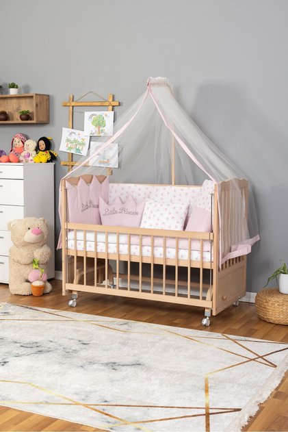 Ahşap Anne Yanı Bebek Beşiği 60x120 Portatif Tekerlekli Boyasız