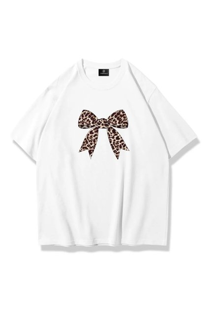Women's Leopard Ribbon Printed Oversize 100% Cotton T-Shirt