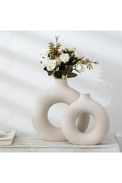 White Ceramic Vase Set (2PC) - Round Matte Pampas Flower Vases, Modern Nordic Boho