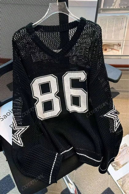 Boston 86 File Triko Kazak Oversize Yıldız Desenli Kadın Kazak – Beyaz/Siyah/Kahverengi