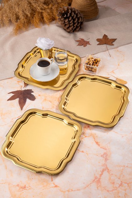 3-Piece Luxury Edge Line Patterned Gold Daisy Model Stainless Steel Serving, Tea, Coffee Presentation Tray