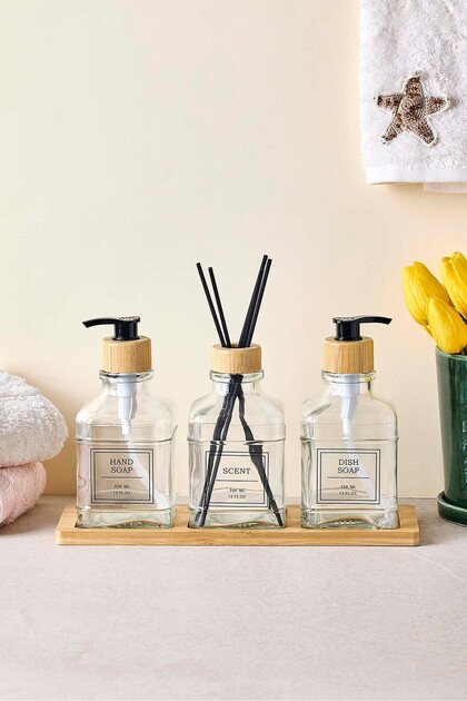 Rogan Set of 3 Bamboo Tray Liquid Soap Dispensers