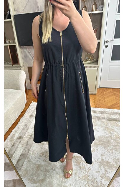 BRGCLOTHING Design Women Black Waist Shirred Gold Zipper Sleeveless Dress-  Trendyol