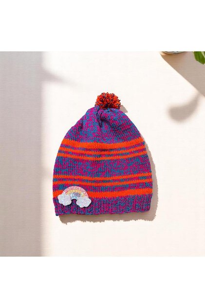 Hand Knitted Striped Pattern Children's Beret 4-10 Years Old with Matching Rainbow Brooch