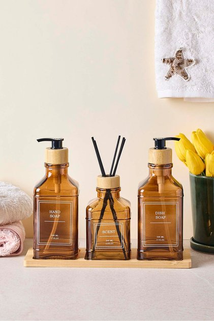 Rogan Amber Set of 3 Bamboo Tray Liquid Soap Dispenser