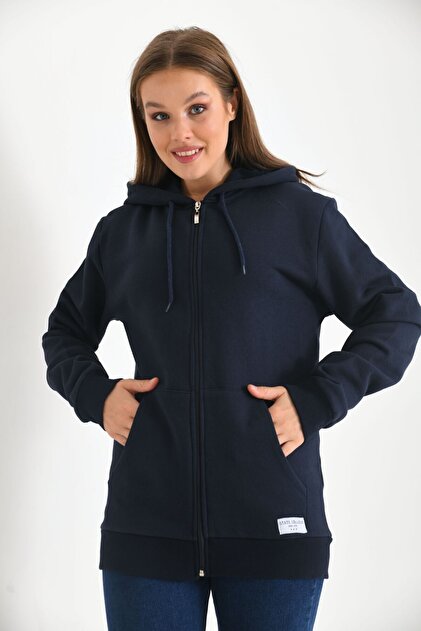 Navy Blue Hooded Sweatshirt with Kangaroo Pocket Detail