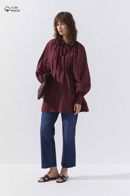 Front Tie Draped Voile Burgundy Shirt
