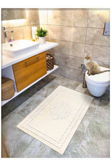 Pamuk Dokuma Su Emici Banyo Paspası, Banyo Halısı Victoria 70 x 120 Cm Krem