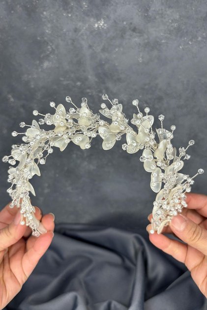 Verassi Mine Embroidered Pearlescent Crystal Bridal Crown Hair Accessory