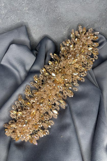 Honey Color Elena Intense Bead Embroidered Bridal Crown Hair and Turban Accessory