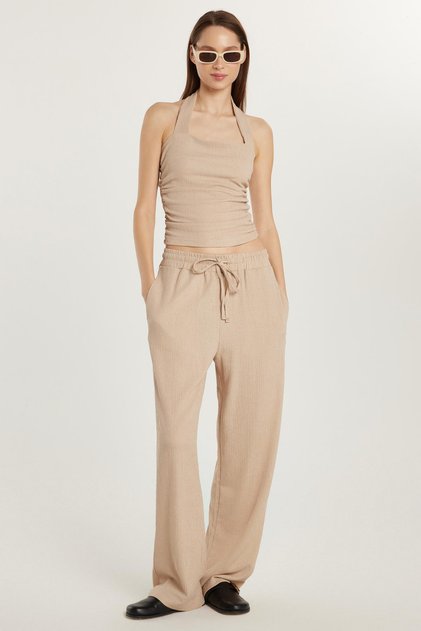 Women's Slim Fit Slim Fit Strap Collar Elastic Waist Beige Blouse Pants Suit
