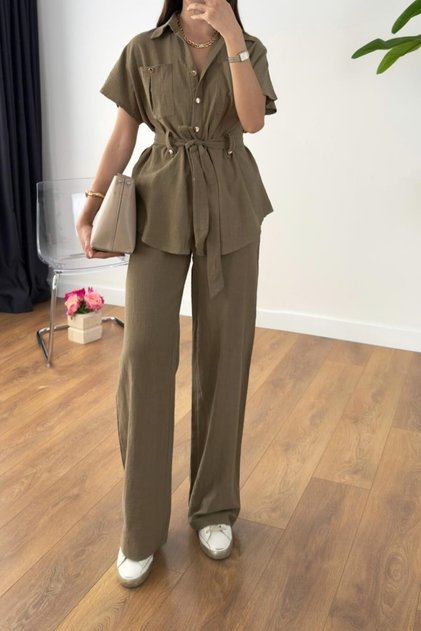 Linen Textured Suit with Gold Buttons 257207