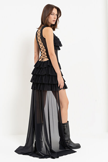 Kikiriki Black Short Front Long Back Ruffle Tulle Dress- Trendyol Kikiriki Black Short Front Long Back Ruffle Tulle Dress- Trendyol