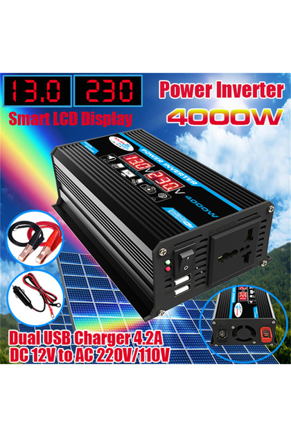 black 220V [Hot Sale] 4000W Power Inverter 12V to 220V/110V with USB Port – Solar/Car/Home Use, Pure