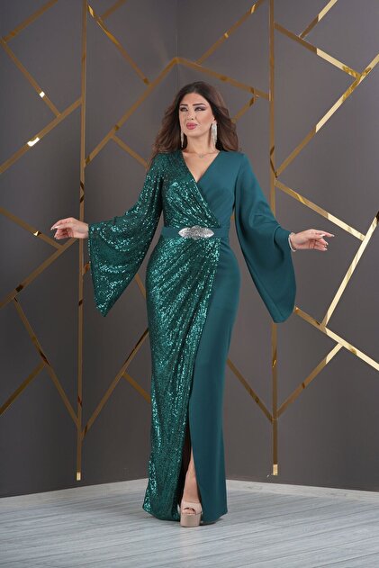 Matik Abiyem Scuba Zara Sequin Garnished Waist Imported Adhesion Jewelled V Low-cut Slit Evening Dress- Trendyol Matik Abiyem Scuba Zara Sequin Garnished Waist Imported Adhesion Jewelled V Low-cut Slit Evening Dress- Trendyol