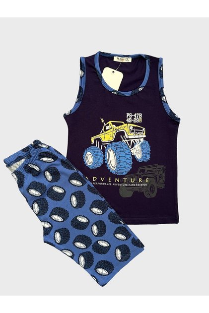 Boy's 100% Cotton Car Monster Truck Patterned Zero Sleeve Capri Summer Pajamas Set