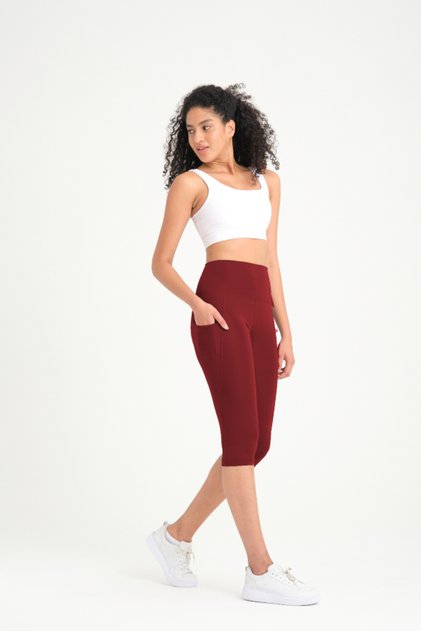 Women's Burgundy High Waist Recovery Double Pocket Below Knee Capri Leggings Capri