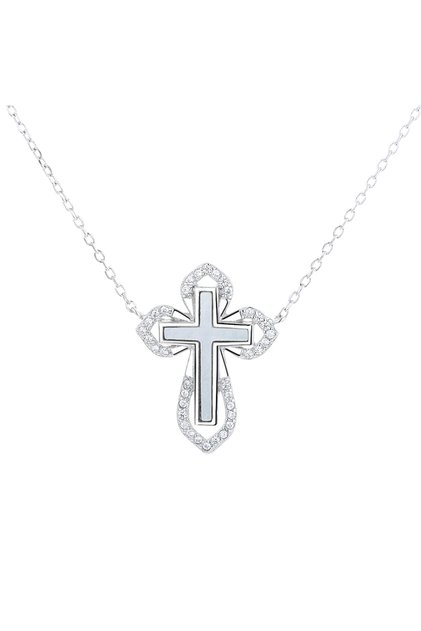 Colier Argint 925 Cruce Dublă cu Zirconii Sidefat Placat Rodiu 45+3cm JW1252