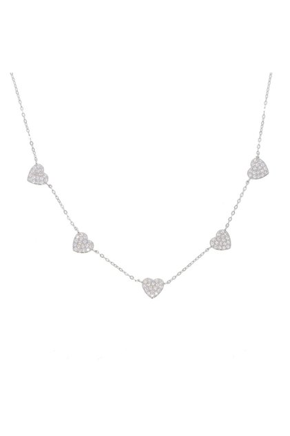 Choker argint 925 damă 5 inimi pavate cu zirconiu, placat rodiu, reglabil 35+10 cm JW640