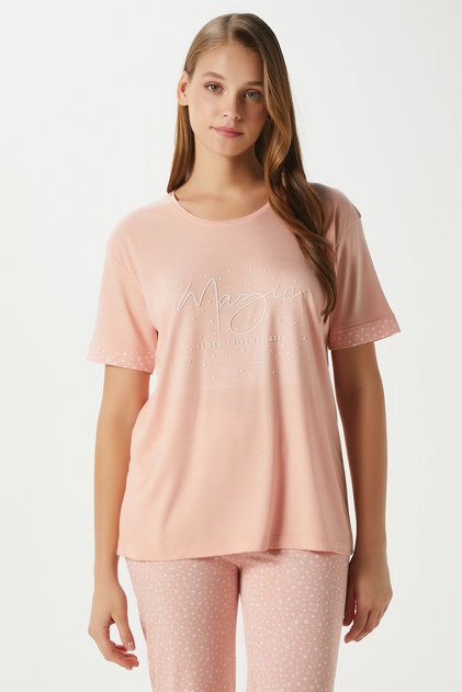 Women's Magic Viscose Crew Neck Short Sleeve Salmon Bottom Top Pajama Set