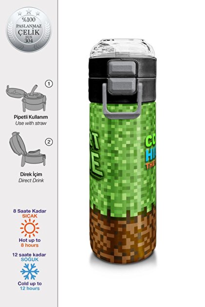 Kids Erkek Desenli Pipetli ve Direkt İçim Çelik Termos 500 ml