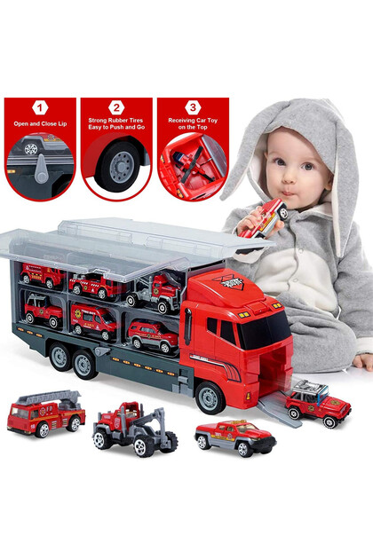 Set camion trailer de jucarie pentru transport Pitikot®, seria pompieri