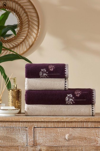 Özdilek 4 Piece Best Bath Set, Bath Towel Set-Erba Seca Plum Beige