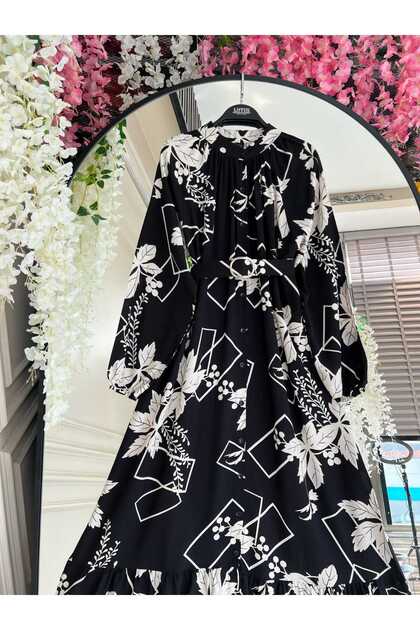 Flower and Figure Pattern Red Viscose Dress