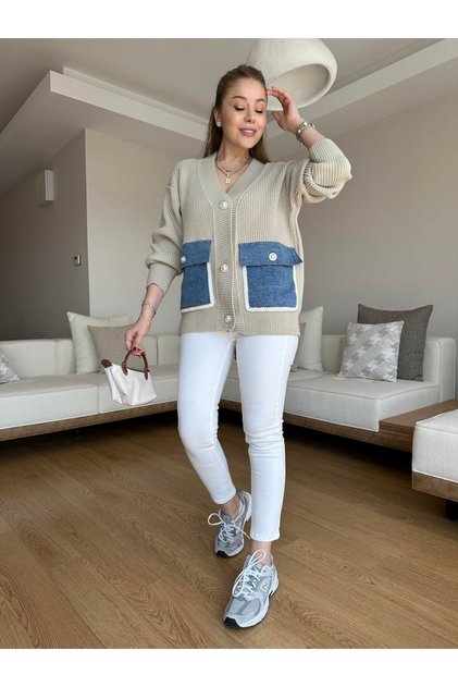 BEBE PLUS Kadın Cepleri Jean Sedef Düğmeli Triko Hırka