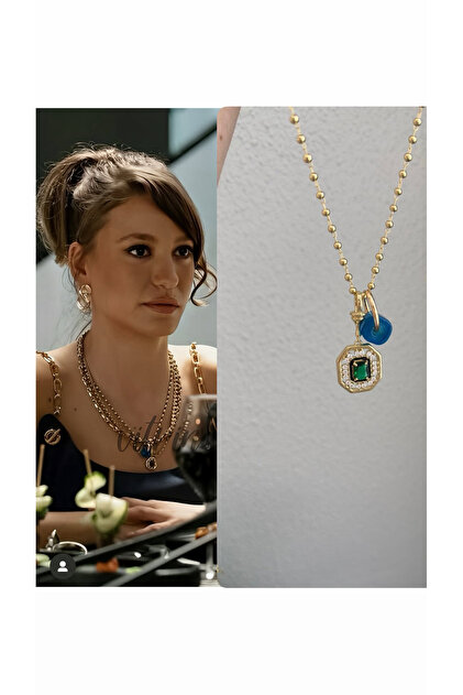 Steel Green Stone Baguette Glass Blue Bead Detailed Serenay Necklace