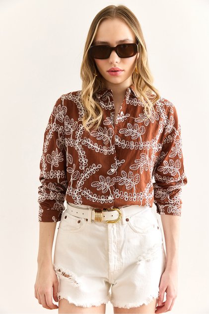 Women's Brown Geometric Scallop Detailed Shirt Gml-19001324
