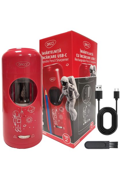 Ascutitoare electrica reincarcabila, Daco, pentru creioane, cablu USB-C + Perie curatare FLR