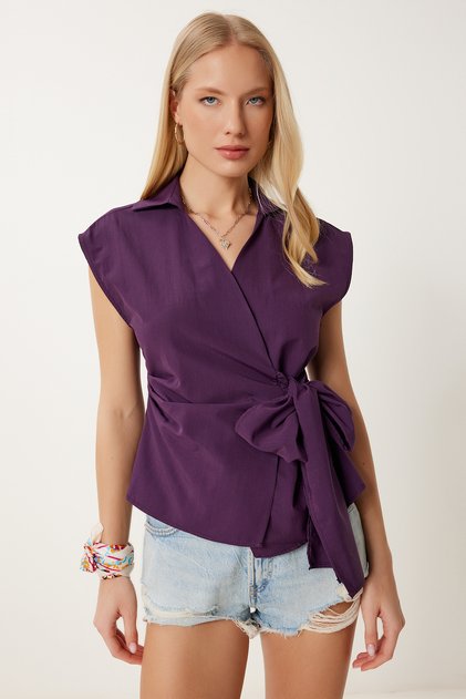 Women's Plum Shirt Collar Wrap Poplin Blouse Hf00467