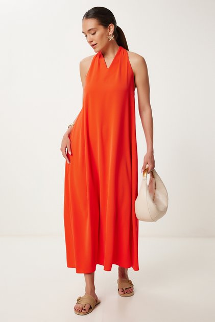 Dámske dlhé elegantné šaty s oranžovým ohlávkovým golierom GK00014