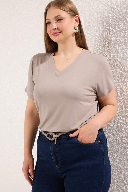 Stone Regular Fit V-Neck Big Size T-Shirt Tbbss25Bf00062