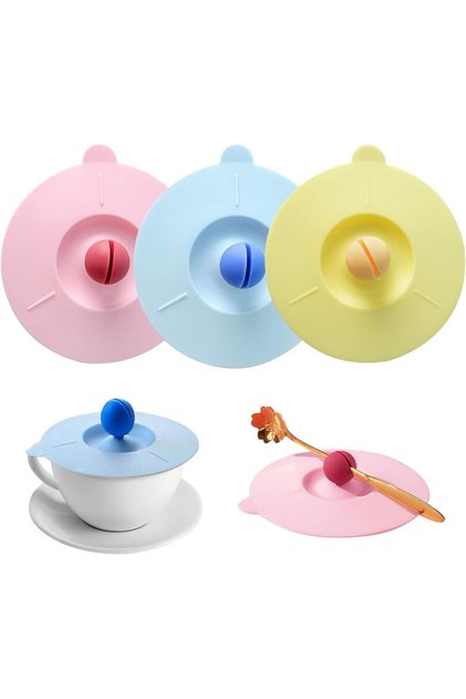 3Pcs Silicone Mug Cover, with Spoon Holder,Reusable,Multi-coloured Dustproof Outdoor Drinks Lid