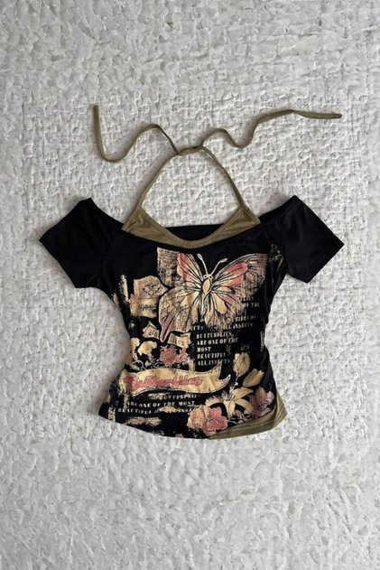 Siyah Butterfly Madonna Yaka Ek Askılı Kısa Kollu Full Body Crop