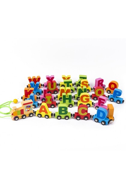 Trenulet magnetic Montessori din lemn, 1 locomotiva si 26 vagoane cu litere, 2.18 metri