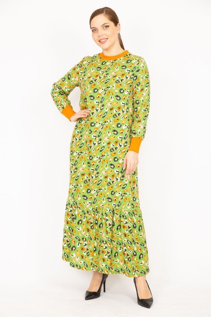 Women's Green Large Size Woven Viscose Fabric Collar and Sleeve Ribbed Long Dress 65n35966