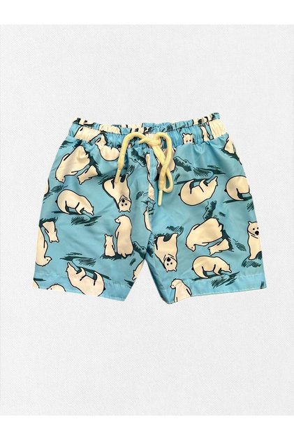 Boy's Blue Polar Bear Pattern Quick Dry Tight Woven Fabric Drawstring Swim Shorts