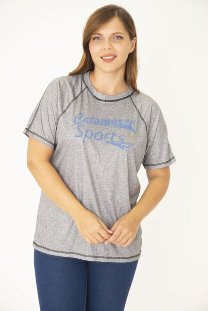 Women's Large Size Gray Raglan Sleeve Coverstitched Sports Blouse 65N36951