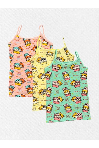 Girl's 100% Cotton Thin Strap Green Yellow Pink Color Kitten Paw Patterned 3-Piece Undershirt