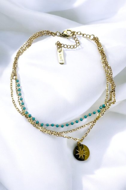 Steel Uncertain 3 Rows Turquoise Beaded Chain Anklet