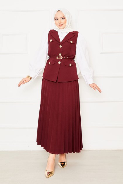 Skirt with Pleated Belt Vest Set Two-Piece Set Burgundy