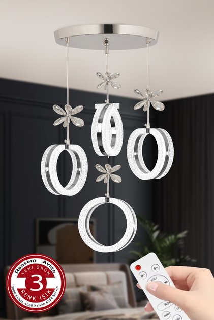 3 Renk Kumandalı Krom Kasa Yüzük Led Avize 4 Lü Modern Ledli Avize
